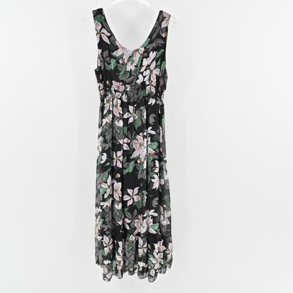 ELENA BALDI Silk Maxi Dress Size L Black Floral Chiffon‎ Sleeveless V Neck Italy - Picture 3 of 13
